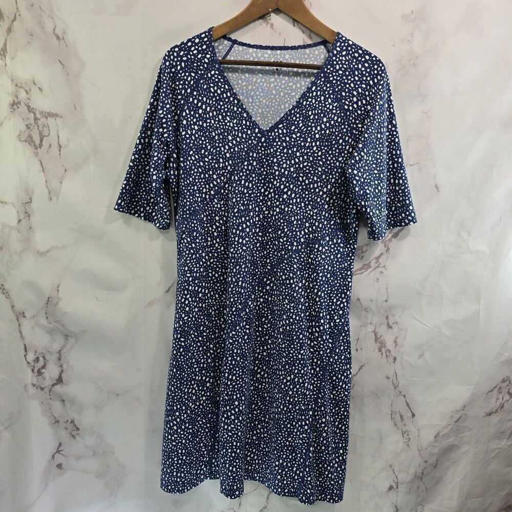 Title Nine Dress Women Large Blue White Dot V Neck Sayonara Cafe Half Sleeve